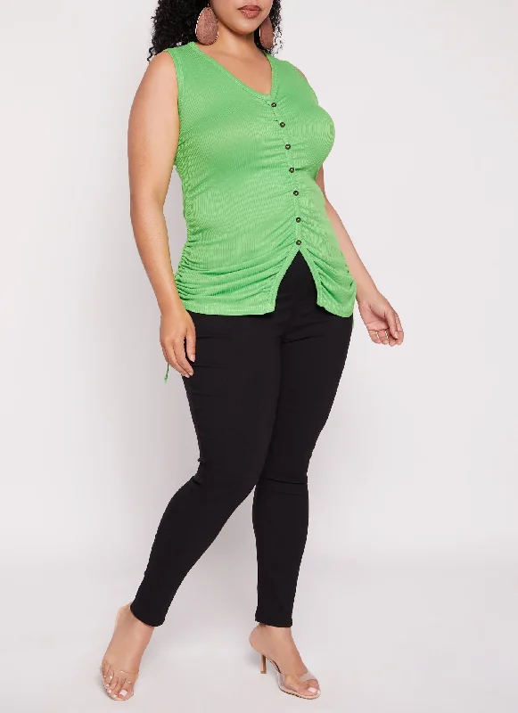 Plus Size Rib Knit Ruched Side Button Front Tank Top