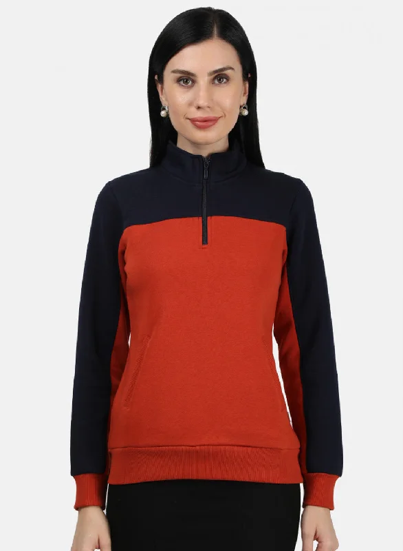 Women Orange & Navy Plain Sweatshirt